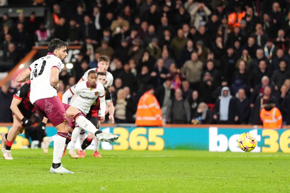 Lucas Paqueta scored a 97th-minute penalty to give West Ham the lead (Zac Goodwin/PA)