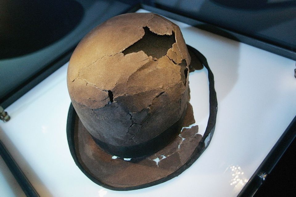 A bowler hat is displayed in the Titanic: Aritifact Exhibition at the Metreon on June 6, 2006 in San Francisco, California. The exhibition opens on June 10, 2006 and will feature more than 300 authentic artifacts that have been recovered from Titanic's debris field. (Photo by David Paul Morris/Getty Images)