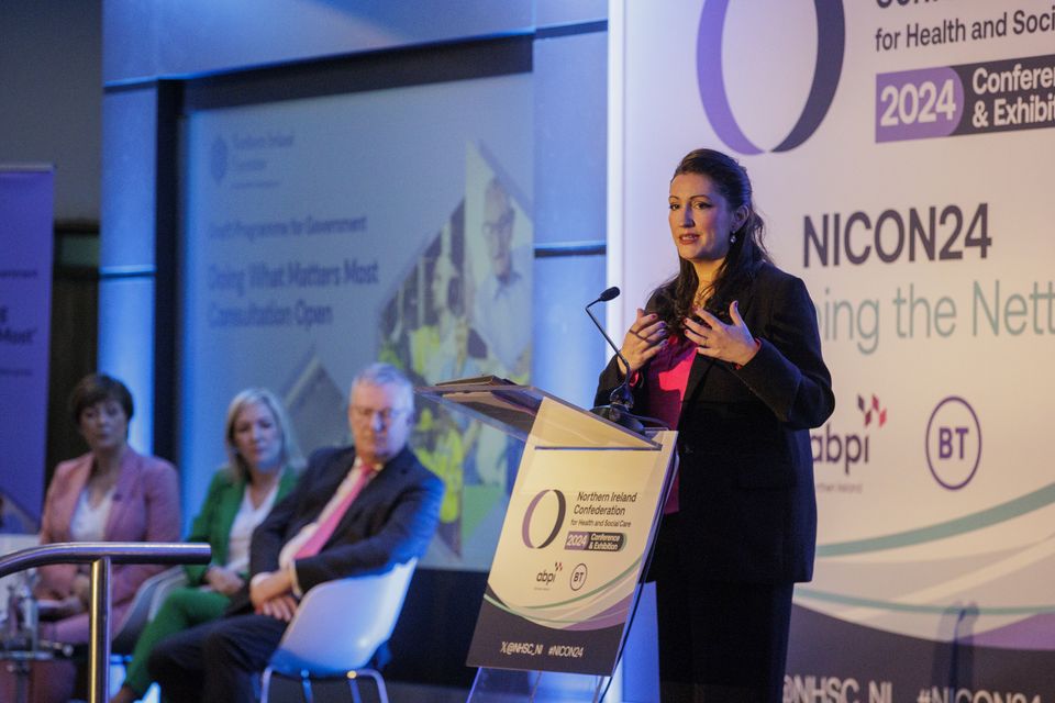 Deputy First Minister Emma Little-Pengelly addresses the NICON24 event (Liam McBurney/PA)