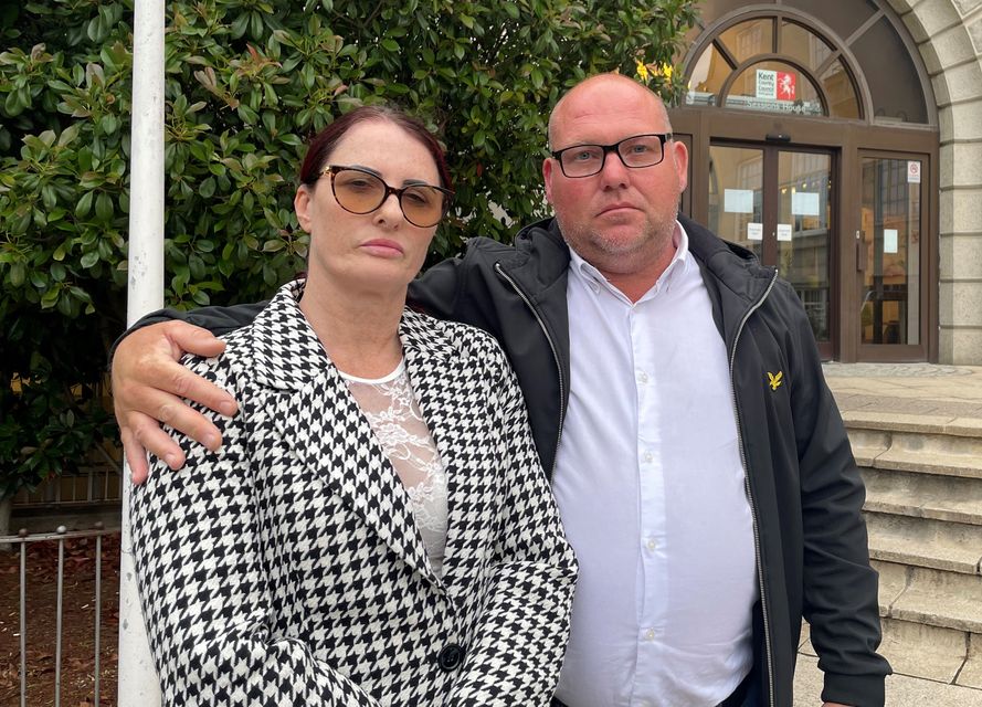 Nicola Foster, the mother of Samantha Mulcahy, and her stepfather Mark Trainer outside County Hall in Maidstone (Anahita Hossein-Pour/PA)