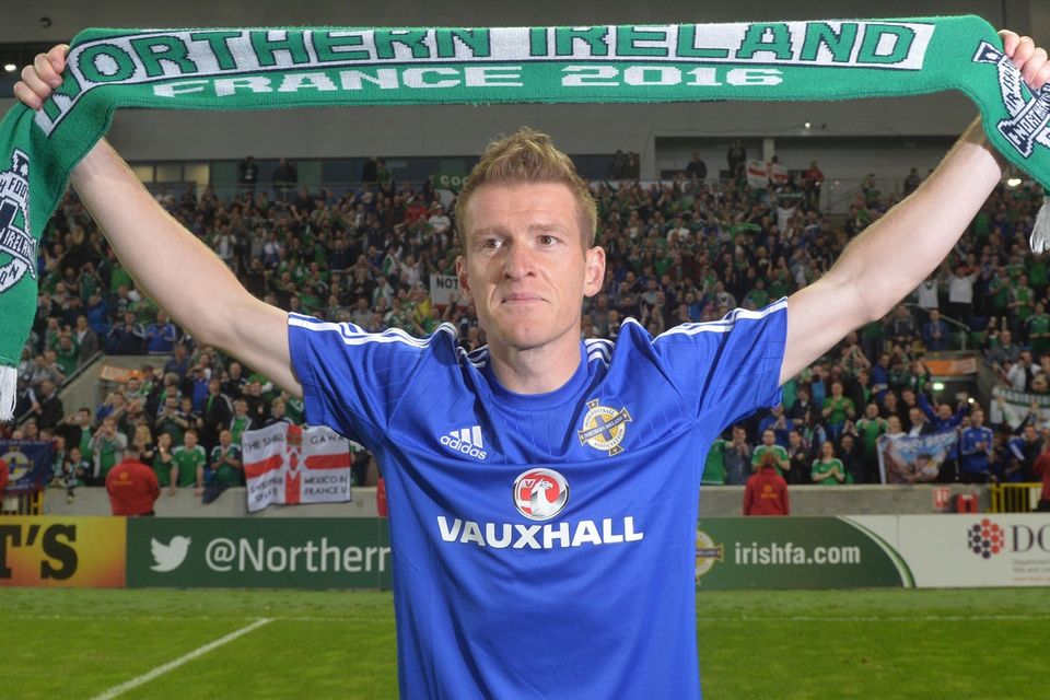 PACEMAKER BELFAST   27/05/2016
Northern Ireland v Belarus  Friendly International
Northern Ireland  captain Steve Davis celebrates with the fans after  this evenings Friendly International at Windsor park.
Photo Colm Lenaghan/Pacemaker Press
