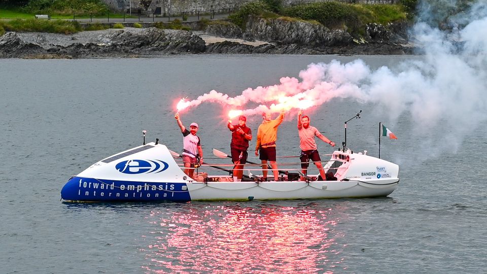 The crew arriving back in Bangor after 32 days