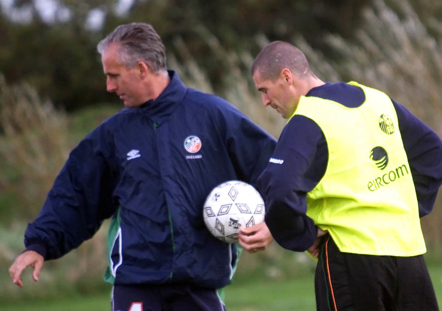 Republic of Ireland manager Mick McCarthy and footballer Roy Keane during a training session in Dublin (Chris Bacon/PA)