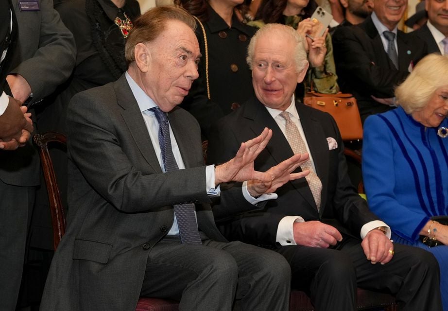 Charles and Camilla react after listening to a commemorative song by Lord Andrew Lloyd Webber to mark the inaugural Commonwealth Peace Prize (Alistair Grant/PA)