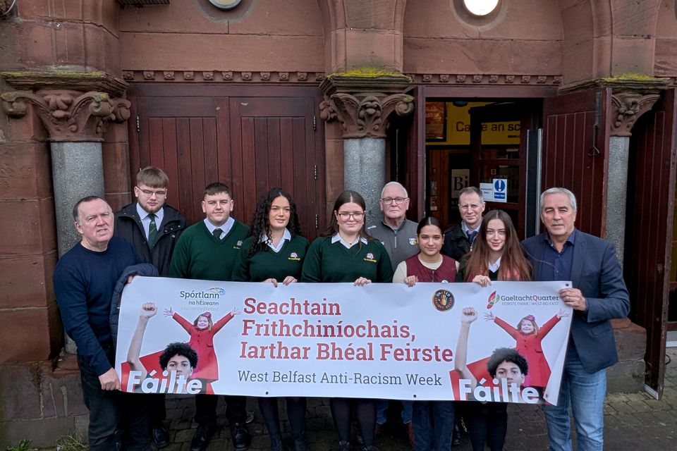 Fáilte 25 was launched by Spórtlann na hÉireann, United Against Racism and Coláiste Feirste at the Cultúrlann this afternoon. Featured are Pilib Ó Ruanaidh (Director Spórtlann na hÉireann), Coláiste Feirste pupils, Jake Mac Siacais (Director Forbairt Feirste), Keisha Da Costa (United Against Racism), Micheál Mac Giolla Ghunna (Principal Coláiste Feirste), Pat Sheehan MLA.