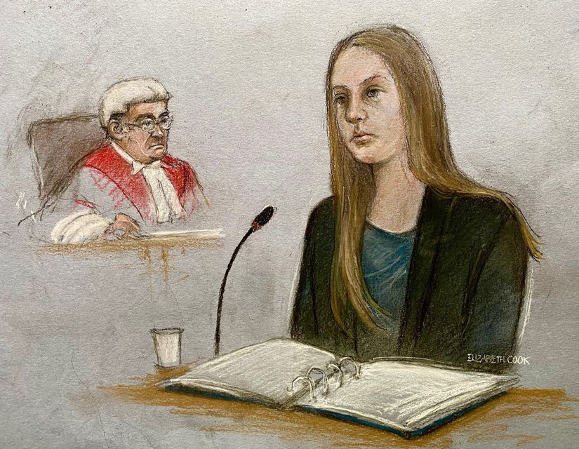 A sketch of Lucy Letby giving evidence during her trial at Manchester Crown Court (Elizabeth Cook/PA)