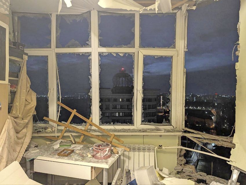 A damaged apartment on the site where a shot-down Ukrainian drone fell (Moscow Region Governor Andrei Vorobyev official Telegram channel/AP)