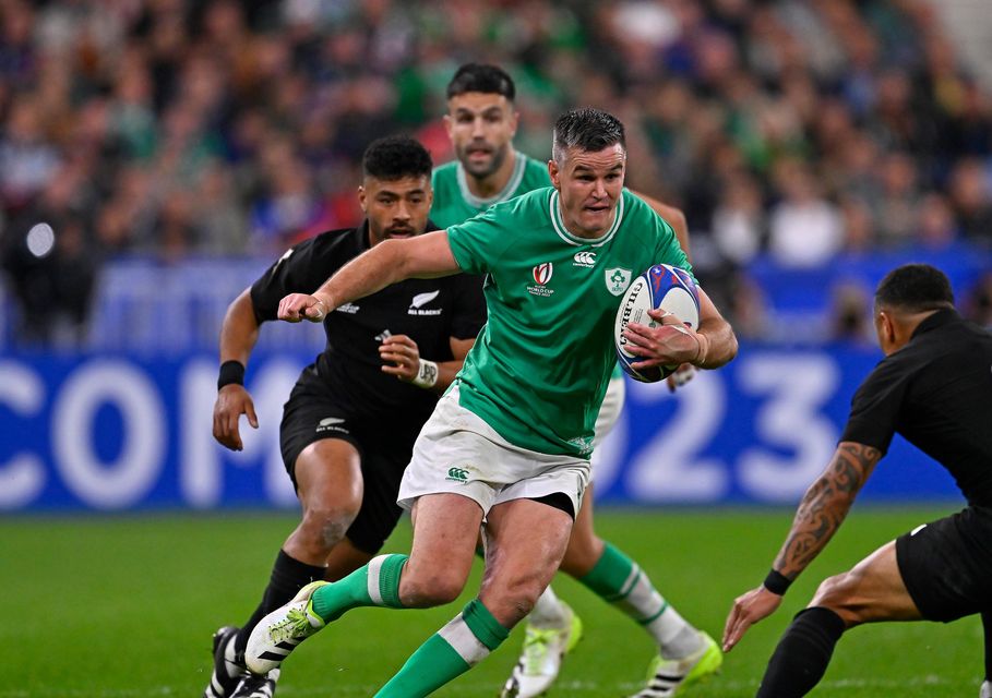 Ireland's Johnny Sexton of Ireland runs at New Zealand during the Rugby World Cup quarter-final at Stade de France last October. Photo: Aurelien Meunier/Getty Images