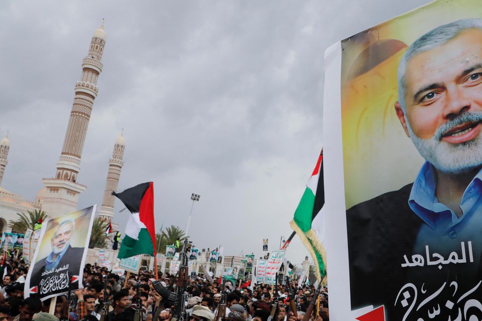 Yemenis protest to condemn the killing of Hamas leader Ismail Haniyeh, in Sanaa, Yemen (Osamah Abdulrahman/AP)