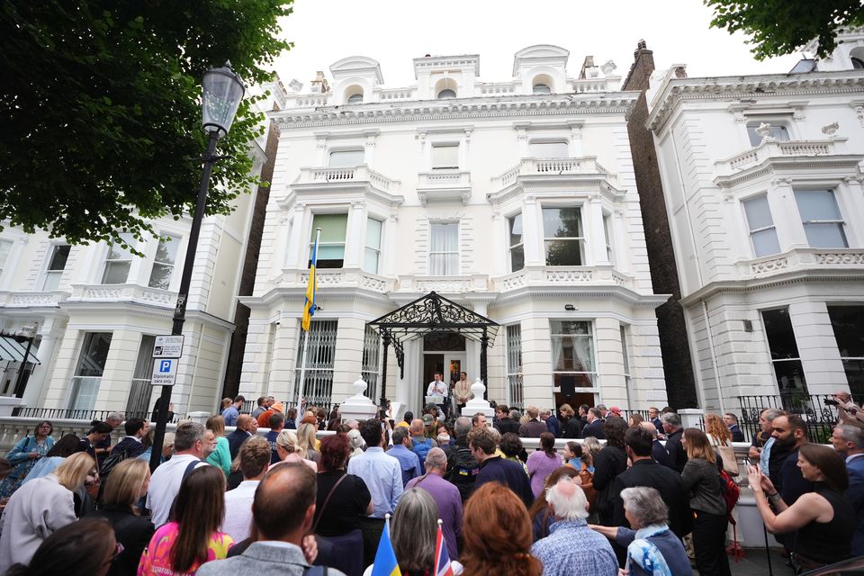 Oleksandr Usyk addressed the crowd outside the Ukraine Embassy in London (James Manning/PA)