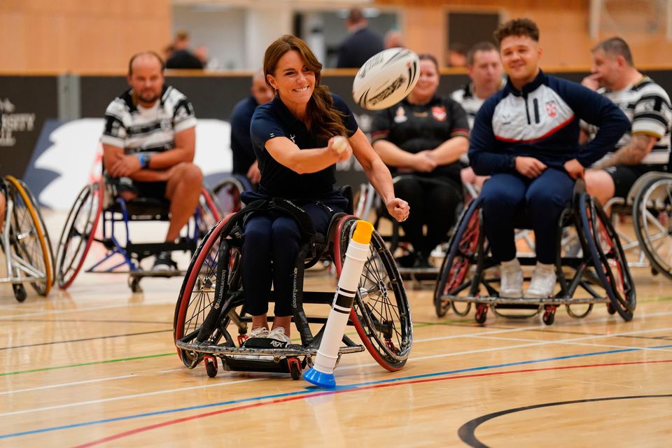 The Princess of Wales, Patron of the Rugby Football League, takes part in a wheelchair rugby session during a visit to the Allam Sports Centre