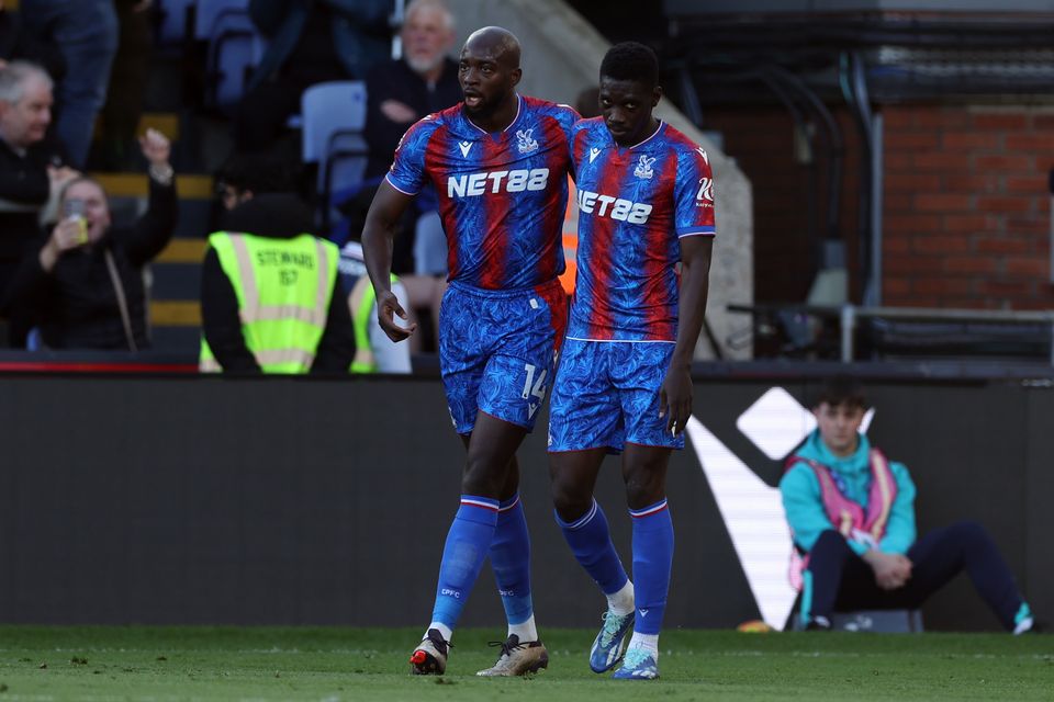 Jean-Philippe Mateta (left) celebrates scoring the decisive goal (Steven Paston/PA)