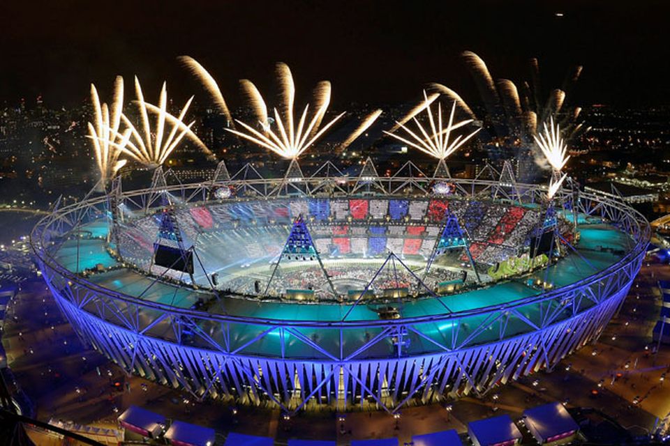 Fireworks illuminate the sky over Olympic Stadium during Opening Ceremonies at the 2012 Summer Olympics, Saturday, July 28, 2012, in London. (AP Photo/Mark J. Terrill)