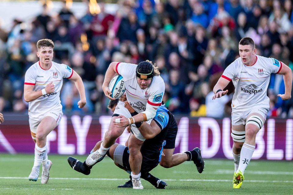 Ulster’s Scott Wilson has Taulupe Faletau of Cardiff for company during the province's victory at Ravenhill
