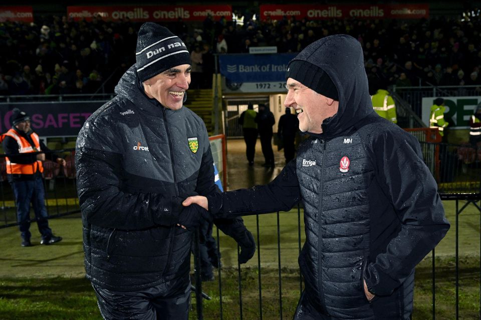 Jim McGuinness and Mickey Harte will go head-to-head again on Saturday night. Photo: Sportsfile