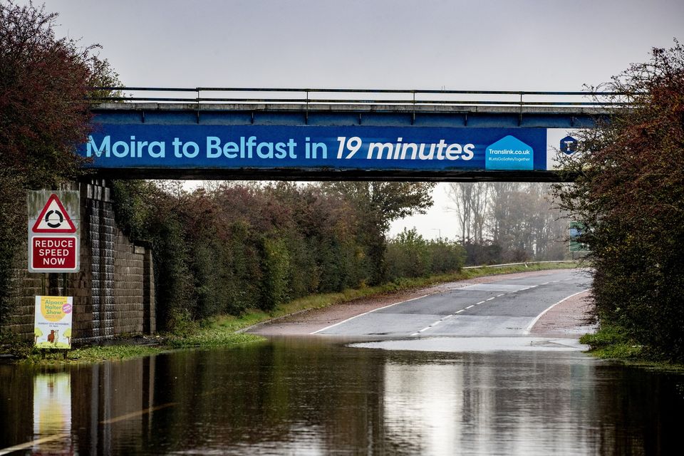 Flooding on the A26 between Moira and Glenavy following heavy rain overnight on October 30th 2023 (Photo by Kevin Scott for Belfast Telegraph)