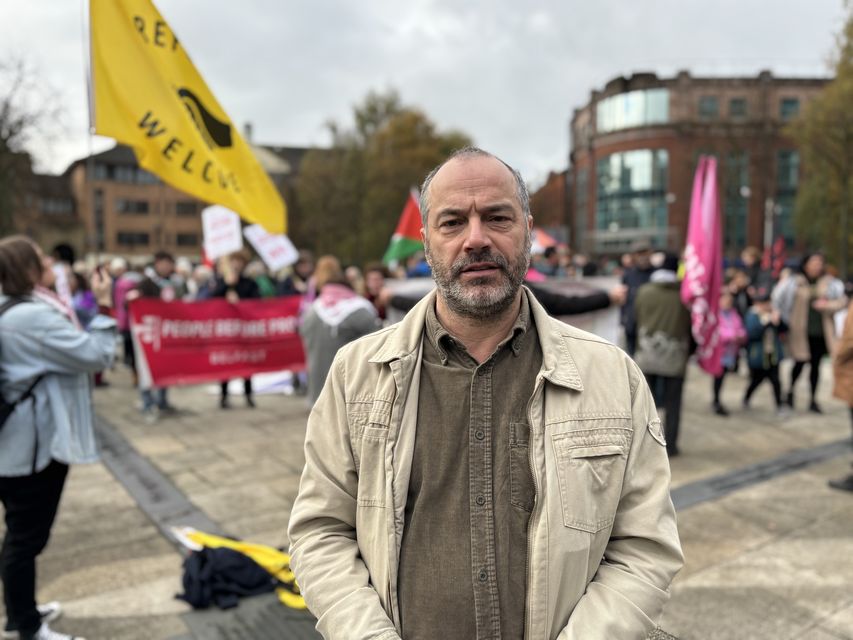 Patrick Corrigan, Amnesty International’s Northern Ireland director at the start of the Belfast For All anti-racism rally in Belfast on Saturday afternoon (Rebecca Black/PA)