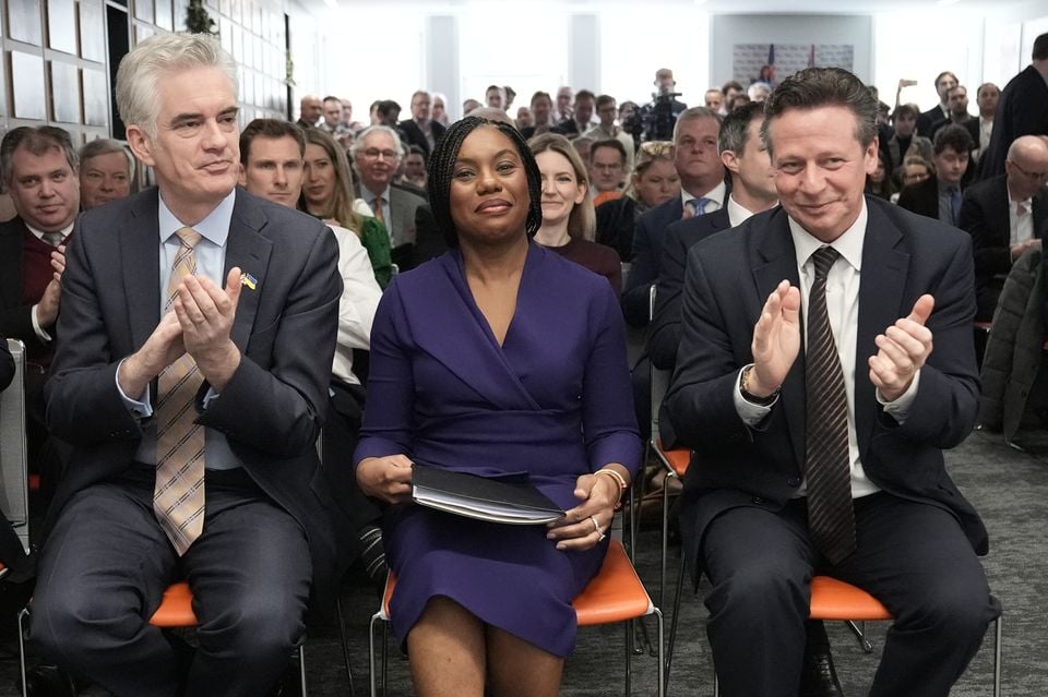 MP James Cartlidge, Conservative Party leader Kemi Badenoch and MP Nigel Huddleston at a Policy Exchange event in Westminster (Stefan Rousseau/PA)