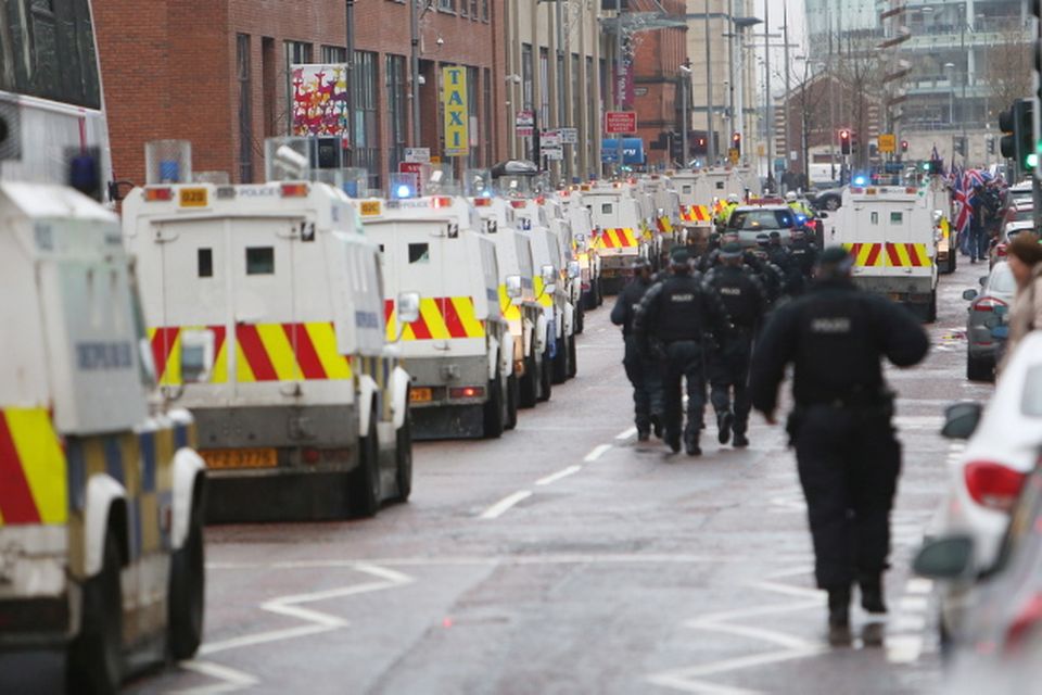 Loyalist protestors and PSNI officers pictured at Belfast City Hall on 22 December 2012