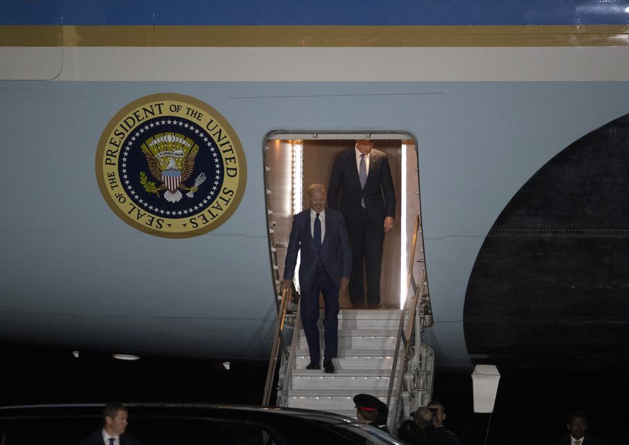 US President Joe Biden arrives on Air Force One at RAF Aldergrove airbase in Co Antrim (Charles McQuillan/PA)