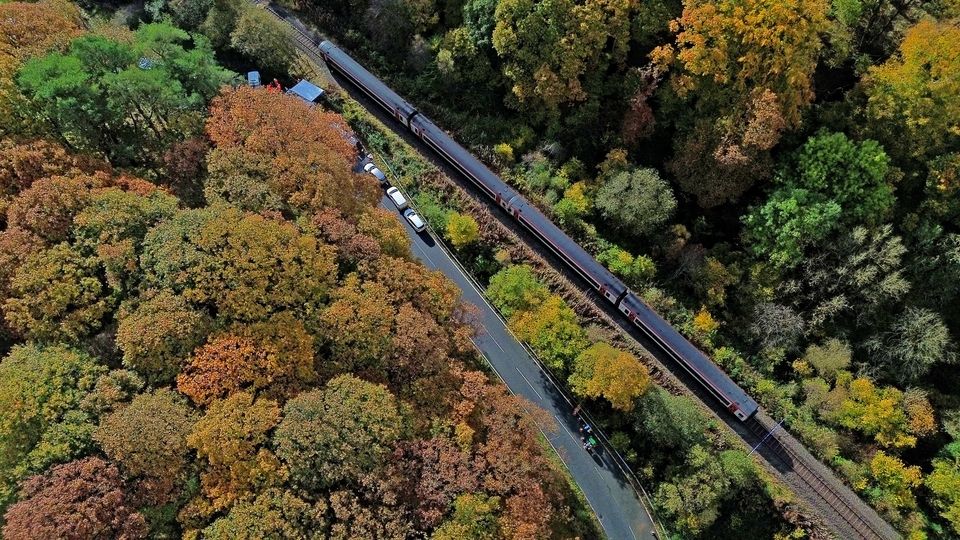 An aerial view of the scene after two trains collided near Llanbrynmair in mid-Wales (Ian Cooper/PA)