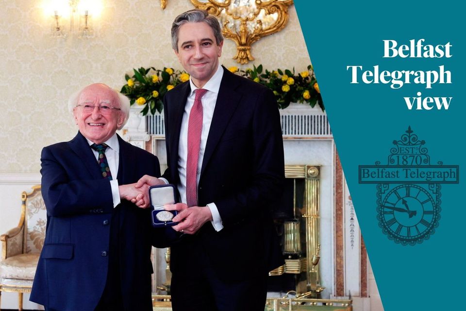 New Fine Gael leader Simon Harris at Aras an Uachtarain meeting President Michael D Higgins to receive the seal of office after being appointed Taoiseach. Photo credit : Maxwell Photography/PA Wire