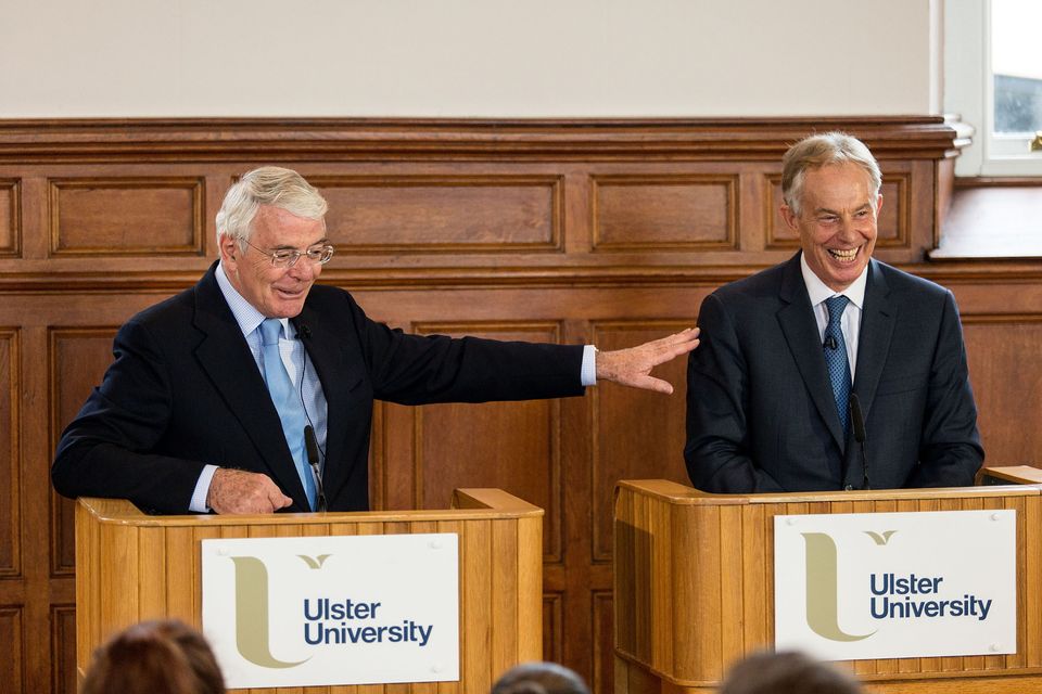 Former Prime Ministers Tony Blair and John Major during a 'Britain Stronger in Europe' campaign event at Ulster University’s Magee campus in Derry-Londonderry