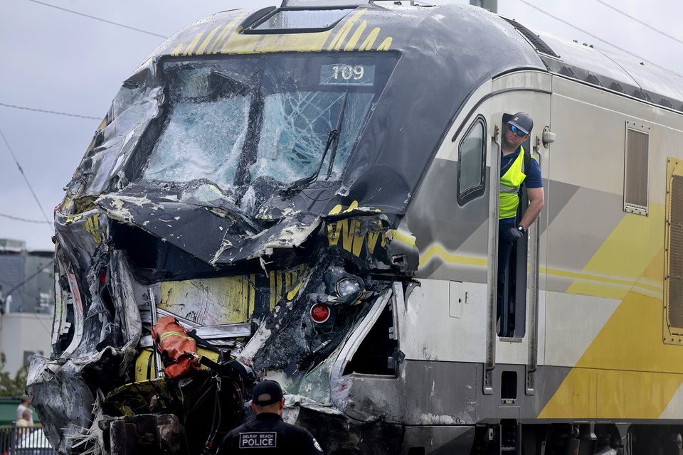 The front of the Brightline train was severely damaged in the accident (Mike Stocker/South Florida Sun-Sentinel via AP)