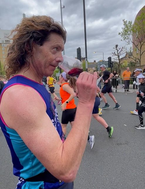 Tom Gilbey, 52, a wine connoisseur who blind tasted a different glass of wine after completing each mile of the London Marathon, said he was ‘honoured’ his challenge went viral on social media, prompting an influx of donations (Tom Gilbey/PA)