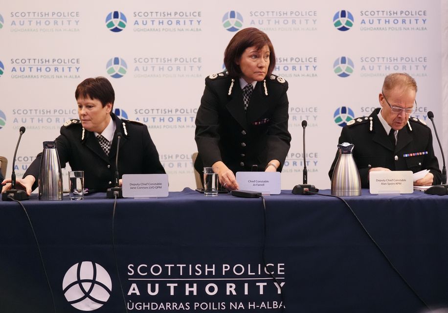 Deputy Chief Constable Jane Connors, left, Chief Constable Jo Farrell and Deputy Chief Constable Alan Speirs at the Scottish Police Authority meeting (Andrew Milligan/PA)