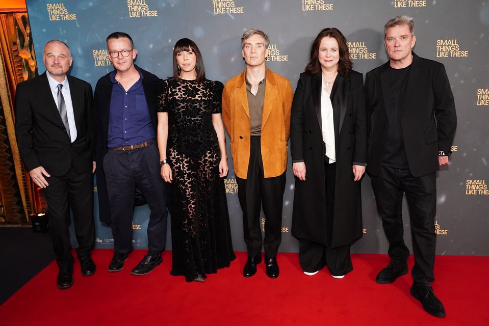 Drew Vinton, Enda Walsh, Eileen Walsh, Cillian Murphy, Emily Watson and Alan Moloney attend the Small Things Like These UK premiere at the Curzon Mayfair (Ian West/PA)