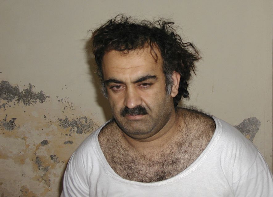 FILE- Khalid Sheikh Mohammed, the alleged September 11 mastermind, is seen shortly after his capture during a raid in Pakistan Saturday March 1, 2003 (File/AP)