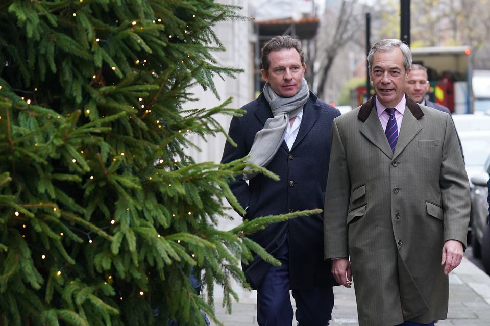 Reform UK leader Nigel Farage with billionaire property tycoon Nick Candy, who is defecting to Reform UK (Stefan Rousseau/PA)