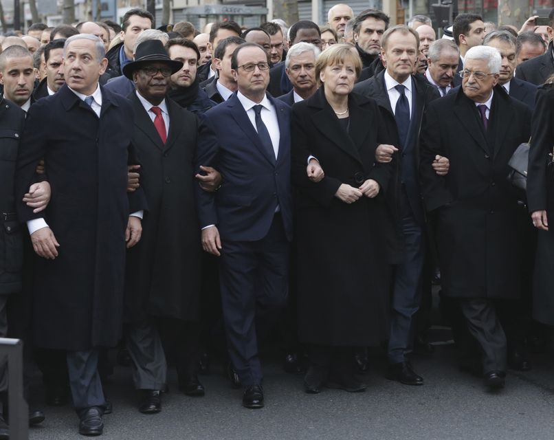 World leaders march during a rally in Paris in 2015. (Philippe Wojazer/AP)