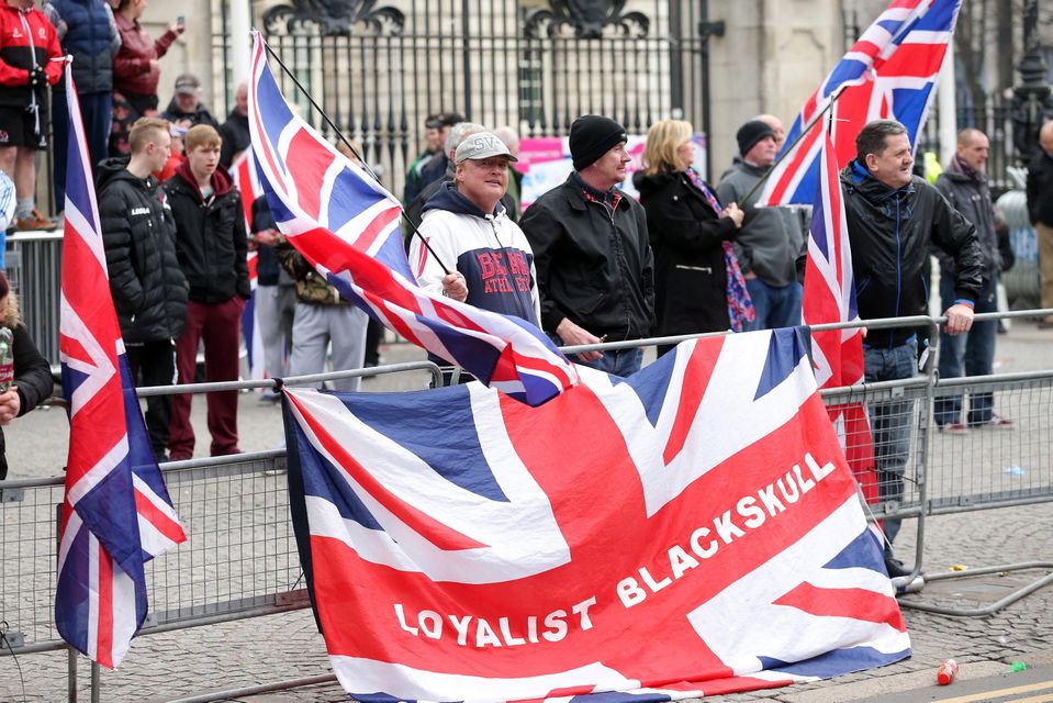 Loyalist protesters at Belfast City Hall after the St Patrick's Day Carnival parade in Belfast city centre. Picture by Press Eye