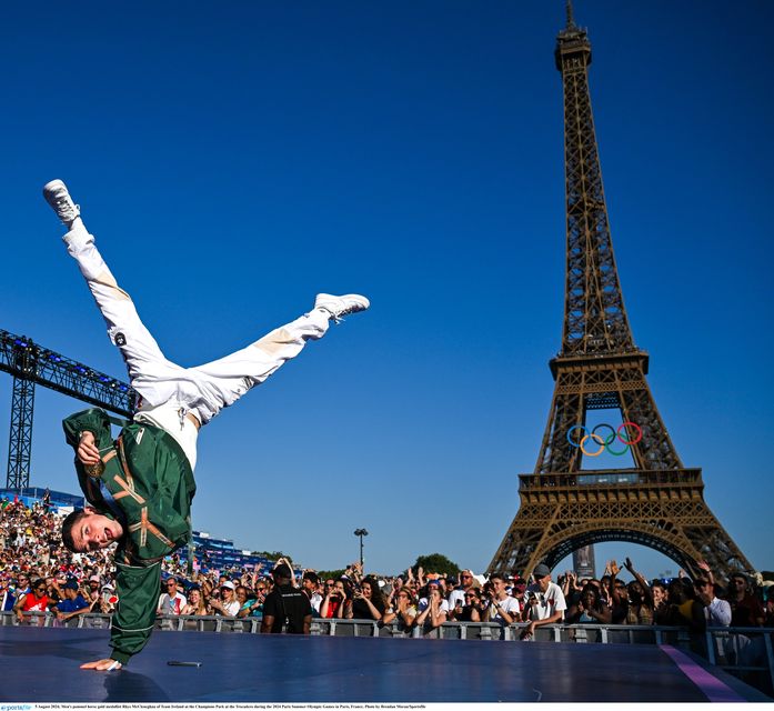 Men's pommel horse gold medallist Rhys McCleneghan of Team Ireland at the Champions Park at the Trocadero during the 2024 Paris Summer Olympic Games in Paris, France. Photo by Brendan Moran/Sportsfile