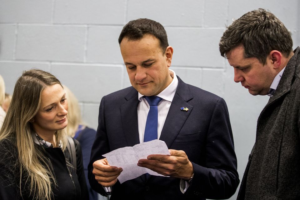 Emer Currie with Leo Varadkar at Phibblestown Community Centre in Dublin during the results of the 2020 election (Liam McBurney/PA)