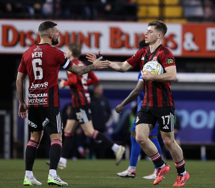 Crusaders Kieran Offord   celebrates his goal        In Today’s game at Seaview Crusaders v Dungannon Swifts  in the Sports Direct premiership Desmond Loughery Pacemaker press