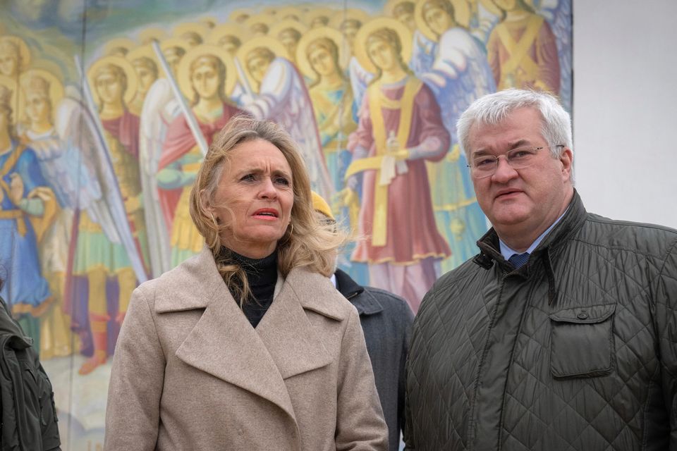 Iceland’s foreign minister Thorgerdur Katrin Gunnarsdottir, left, and Ukraine’s Foreign Minister Andriiy Sybiha in Kyiv, Ukraine (Efrem Lukatsky/AP)