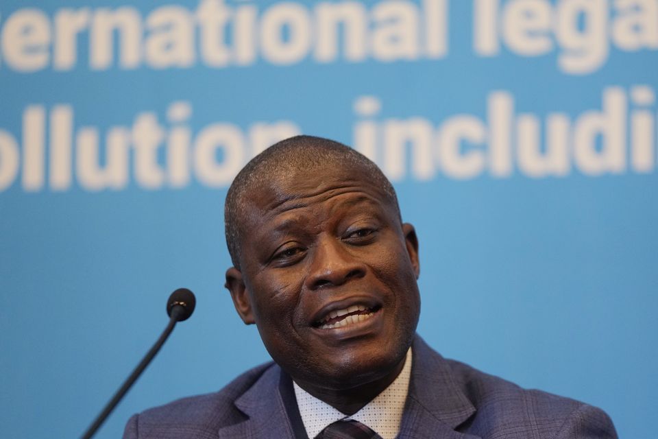 Sam Adu-Kumi, lead negotiator for Ghana, speaks during a press conference at the fifth session of the Intergovernmental Negotiating Committee on Plastic Pollution (AP Photo/Ahn Young-joon)