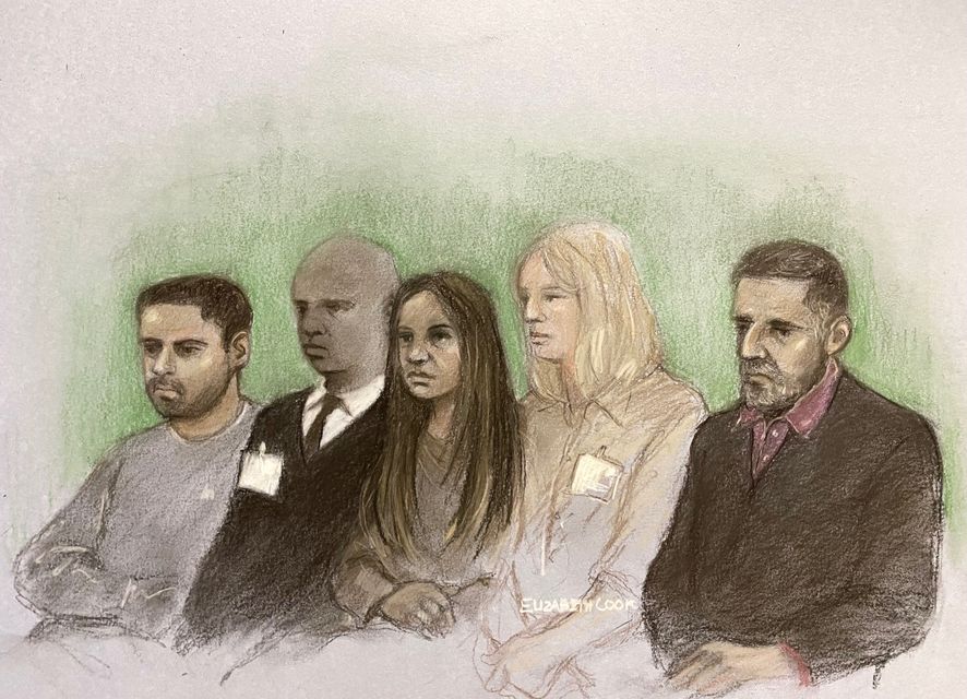 Court sketch of Sara Sharif’s father Urfan Sharif (right) her uncle Faisal Malik (left), and stepmother Beinash Batool (centre), sitting alongside dock officers at the Old Bailey (Elizabeth Cook/PA)