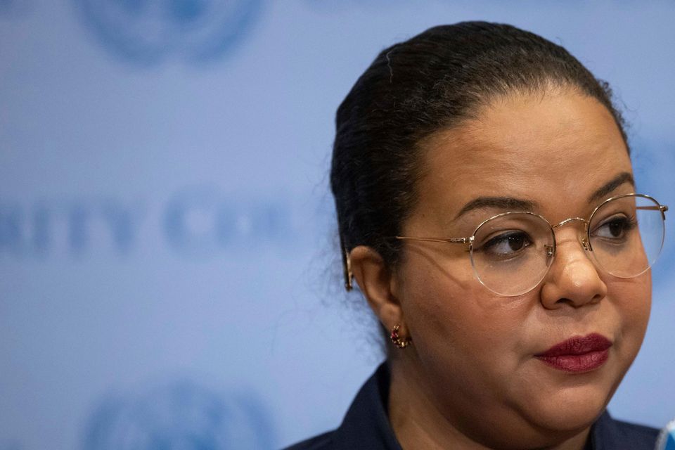 Democratic Republic of the Congo Minister of Foreign Affairs Therese Kayikwamba Wagner speaks during a press conference at UN headquarters (Yuki Iwamura/AP)