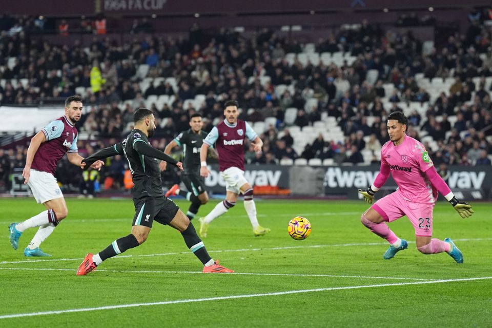 Mohamed Salah scored and set up two goals in Liverpool’s rout of West Ham (James Manning/PA)