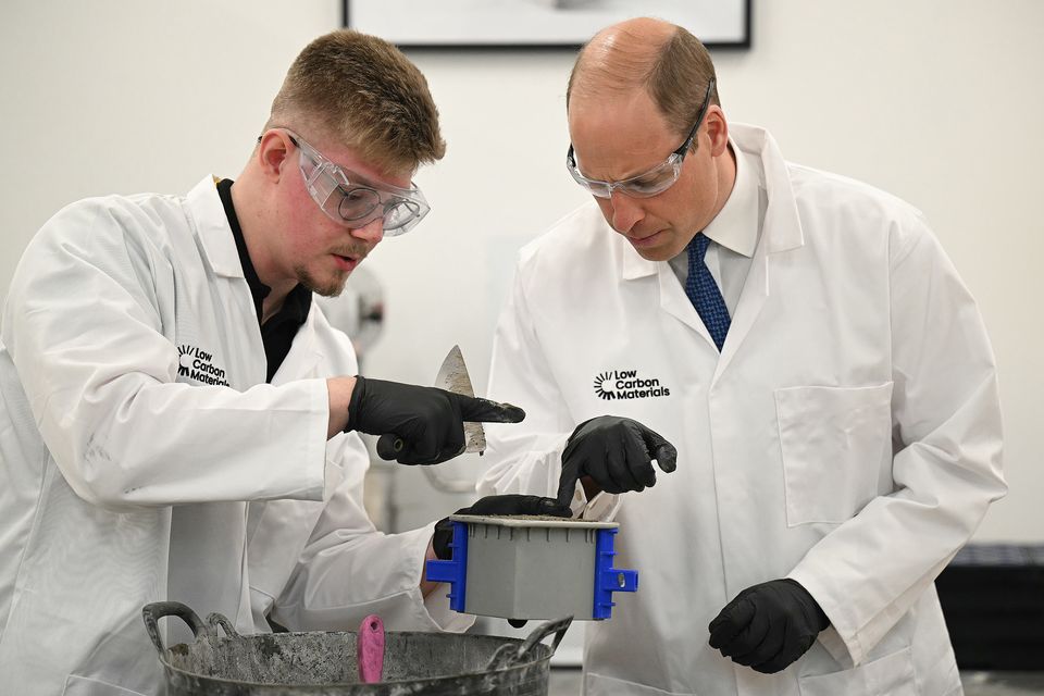 William is shown part of the low carbon concrete manufacturing process, during a visit to 2022 Earthshot Prize finalists Low Carbon Materials, in Seaham, County Durham (Oli Scarff/PA)