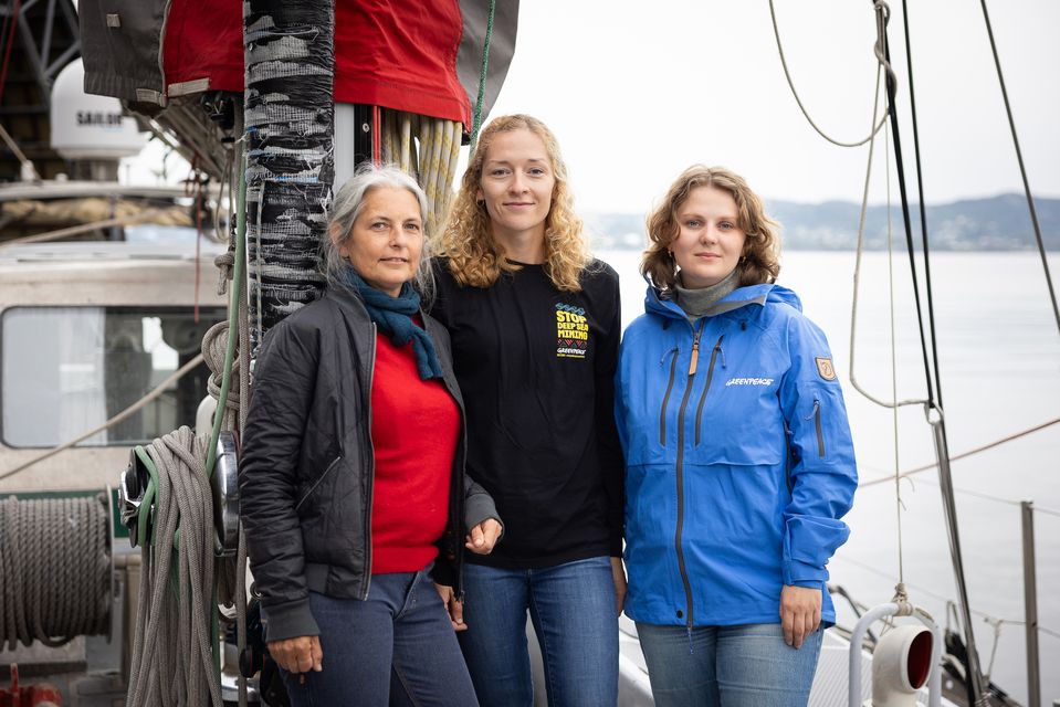 Dr Kirsten Young, from Greenpeace Research Laboratories at the University of Exeter, Franziska Saalmann, marine biologist and oceans campaigner Greenpeace Germany and Haldis Tjeldflaat Helle, political campaigner from Greenpeace Nordic, on board the SY Witness (Daniel Muller/Greenpeace/PA)