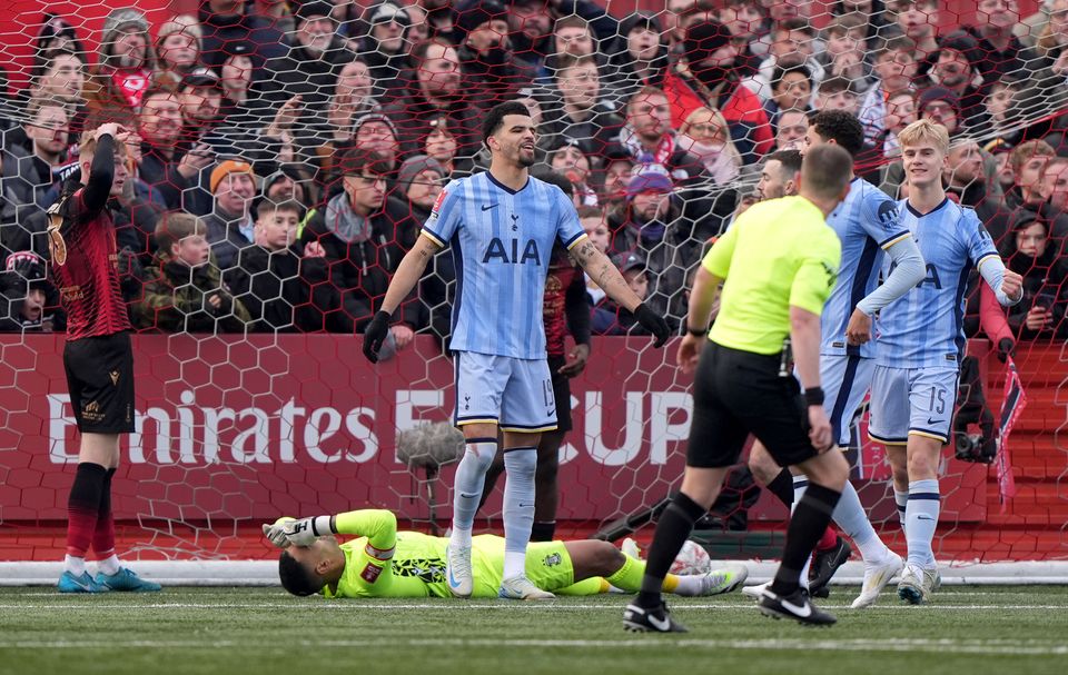 Dominic Solanke (centre) celebrated Tottenham’s opener at Tamworth (Joe Giddens/PA)