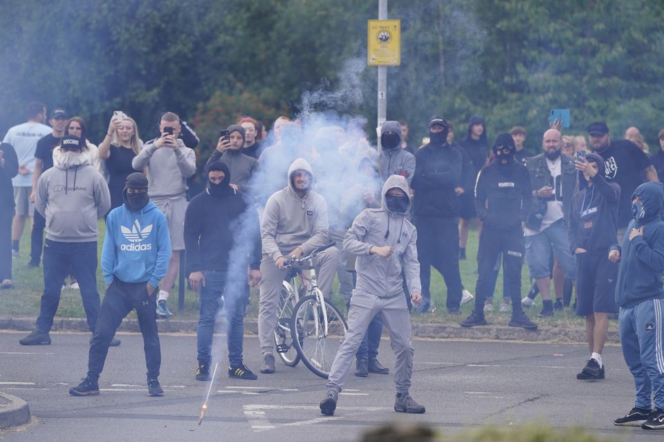 Disorder near the Holiday Inn Express in Rotherham earlier this month (Danny Lawson/PA)