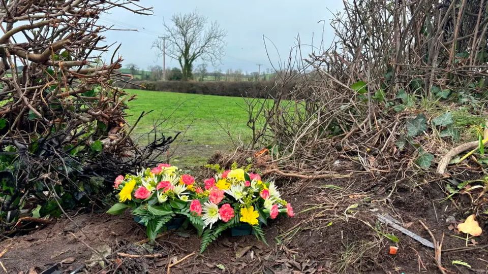 Flowers left at the scene of the Killylea Road crash. Credit: BBC News NI 