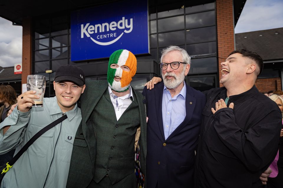 Mo Chara, DJ Próvaí and Móglaí Bap aka Kneecap with Gerry Adams at their Belfast Premiere at the Kennedy Centre in Belfast on August 6, 2024 (Photo by Kevin Scott)