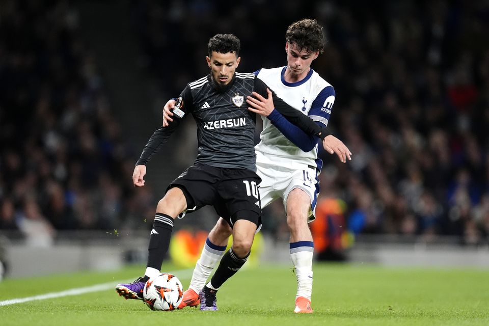 Qarabag’s Abdellah Zoubir is closed down by Gray during the 3-0 win (Nick Potts/PA)